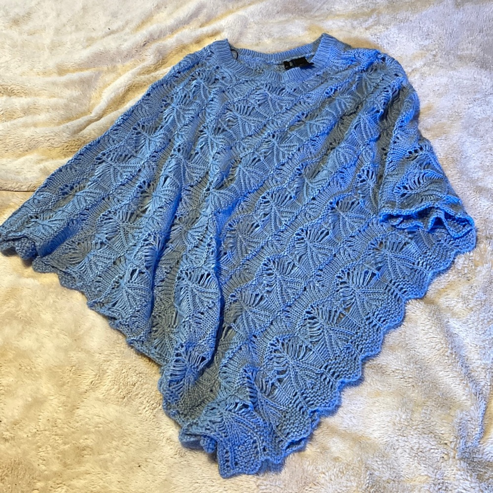 Blue Crochet/Knit Lace Poncho